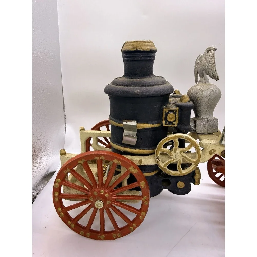 Vintage Cast Iron 3 Horse Drawn Fire Red Wagon Steam Pumper Toy